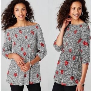 J. Jill Smocked Peasant Style Blouse Top Shirt Black White Red Floral Size MP